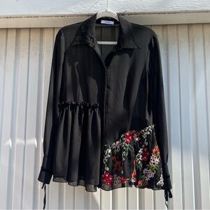 TENAX black sheer ruffle lace contrast boxy oversized long sleeve‎ button up top